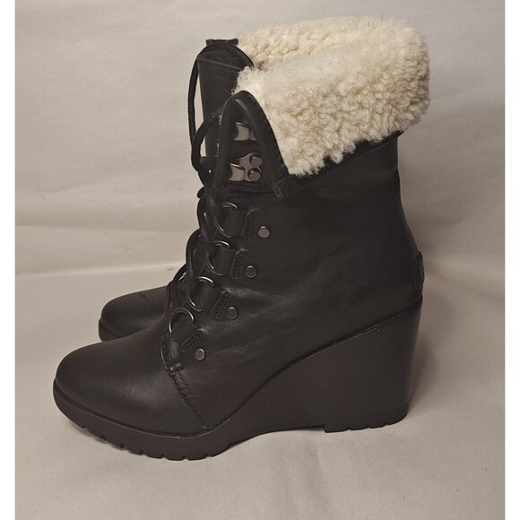 Sorel After Hours Lace Up Boot Women's 6.5 Black Leather Shearling Top Roll - Picture 5 of 11